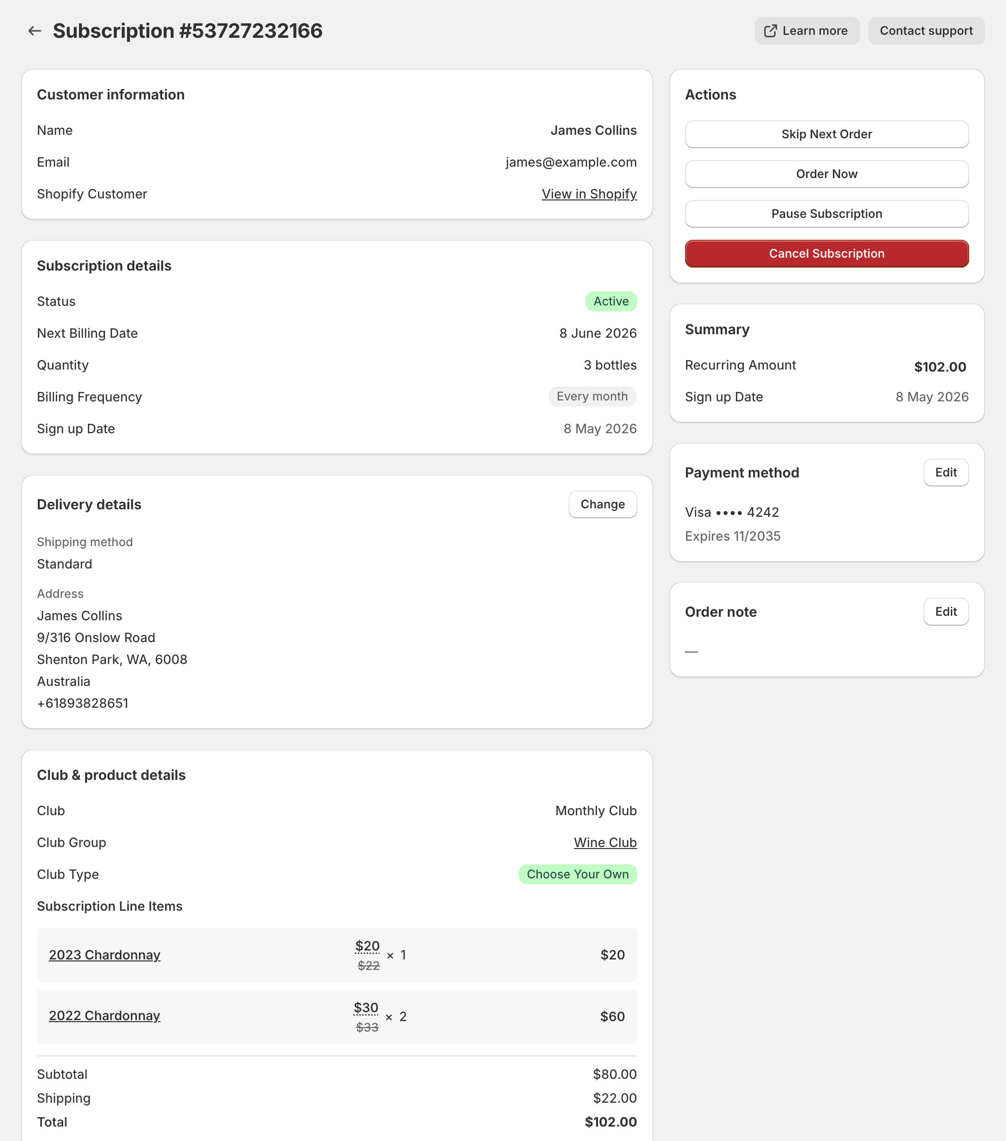 Subscription detail page showing customer information, subscription status, delivery details, line items with promotional discount pricing, payment method, and quick actions