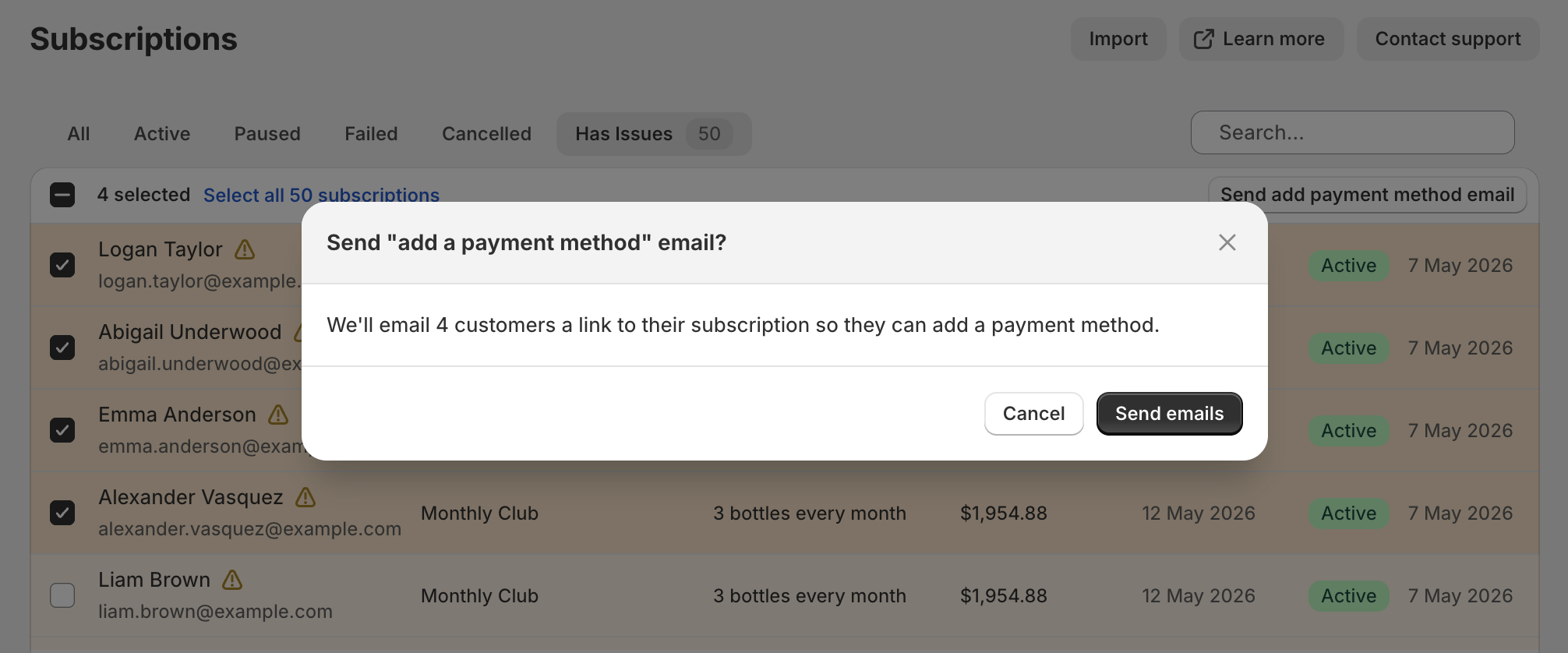 Subscription list filtered to the Has Issues tab, with warning rows for imported subscriptions and the Send add payment method email confirmation