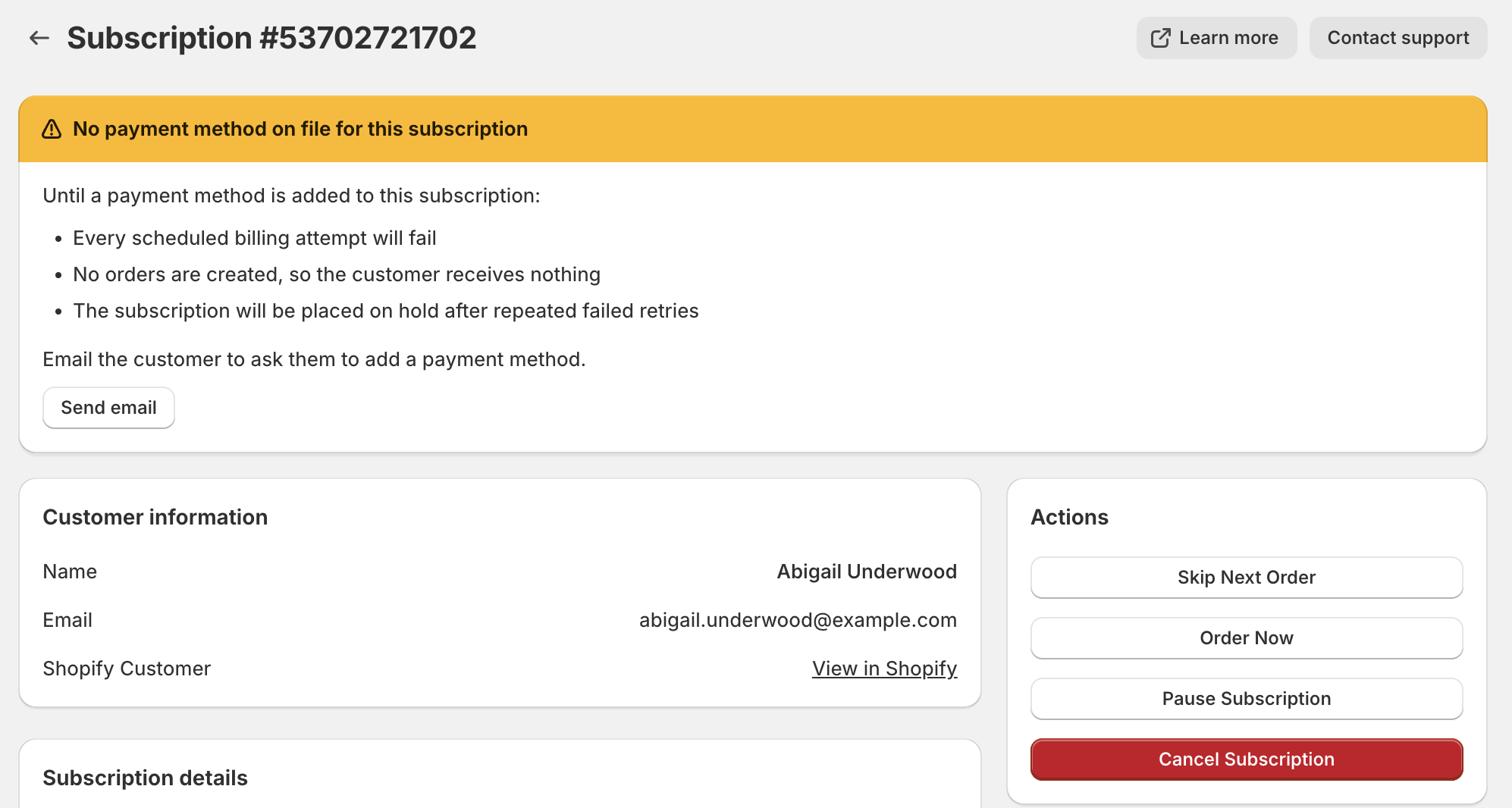 Subscription detail page with an orange No payment method on file banner explaining the impact and a Send email button to ask the customer to add one