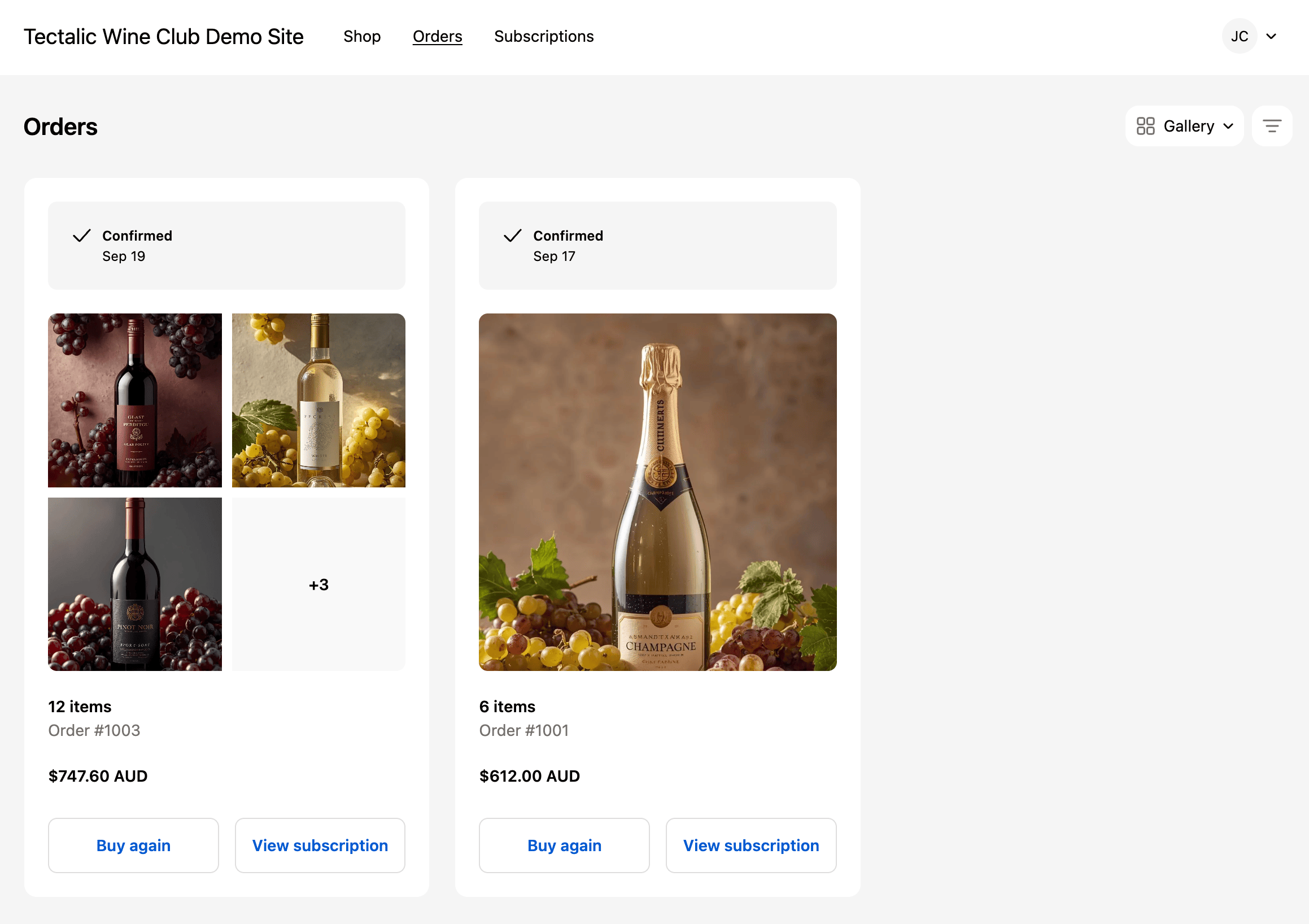 Orders screen with View Subscription button