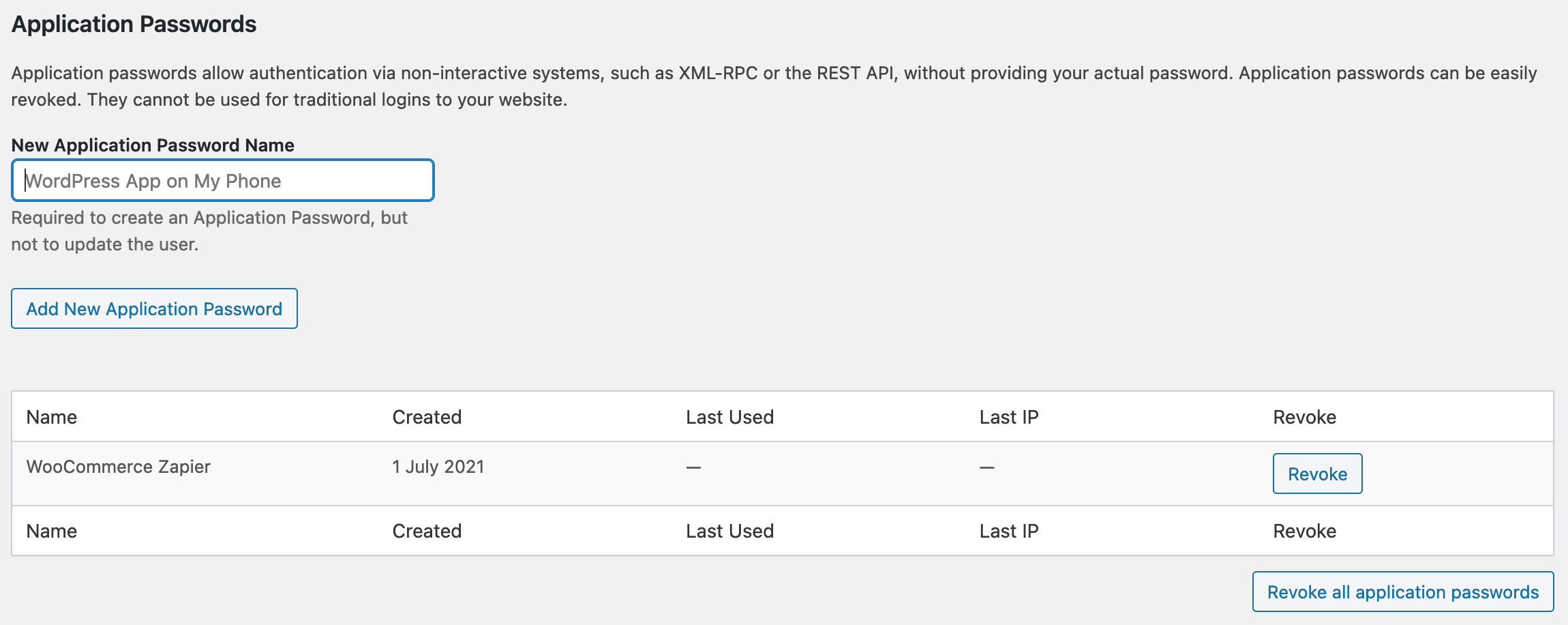 WordPress Application Password Settings With an Application Password Created