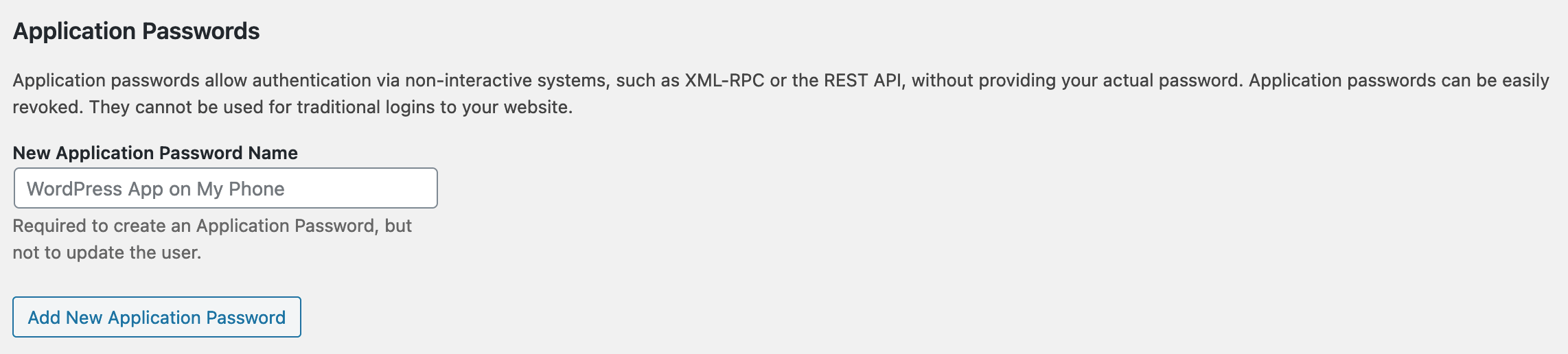 WordPress Application Password Settings